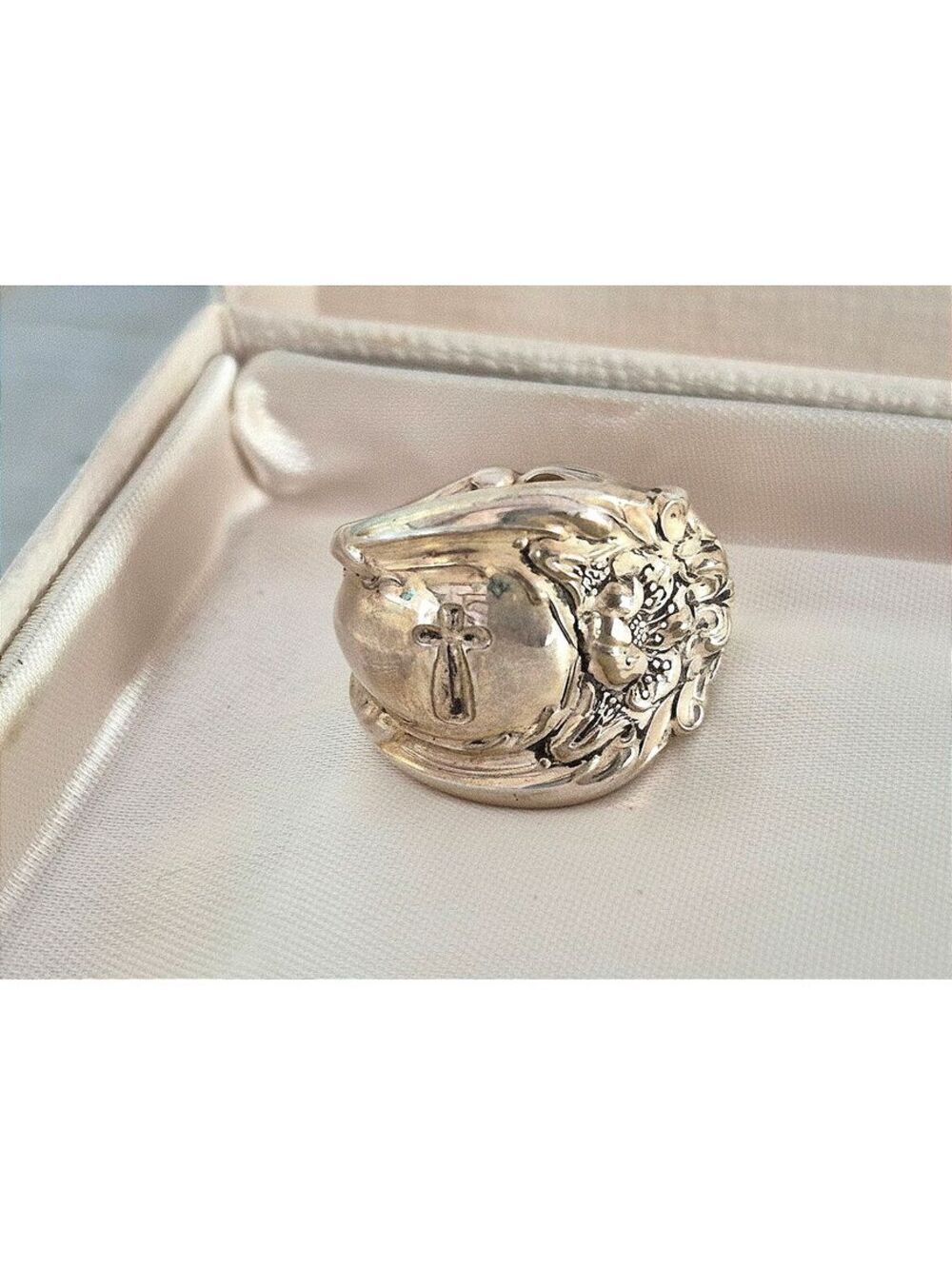 Vintage Sterling Tone Spoon Floral Cross Ring